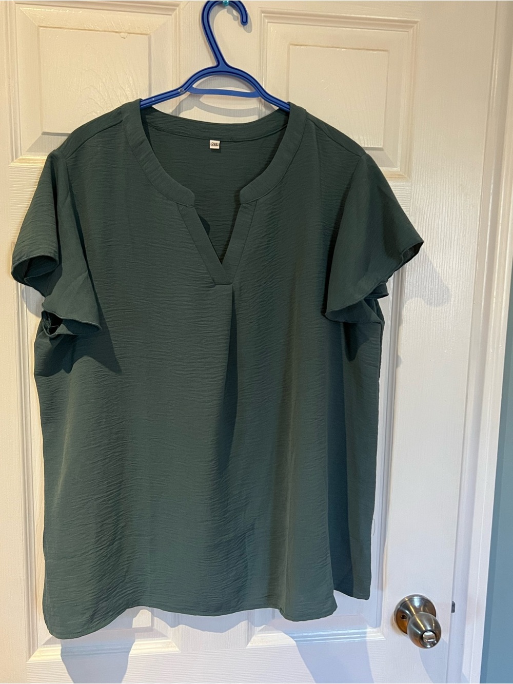 Amazon Women's Dark Green Short Flutter-Sleeve Split V-Neck Blouse